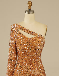 Sequin One Shoulder Homecoming Dress with Sleeves