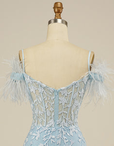 Short Off-the-Shoulder Sheath Homecoming Dress with Feathers