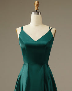 Dark Green Satin Long Simple Prom Dress
