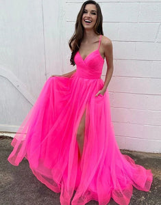 Long Lace Up Back Senior Pink Prom Dress with Split