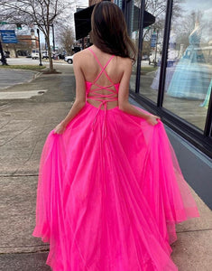 Long Lace Up Back Senior Pink Prom Dress with Split