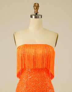 Strapless Orange Short Homecoming Dress with Tassel
