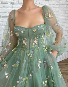 Green Floral Tulle Homecoming Dress