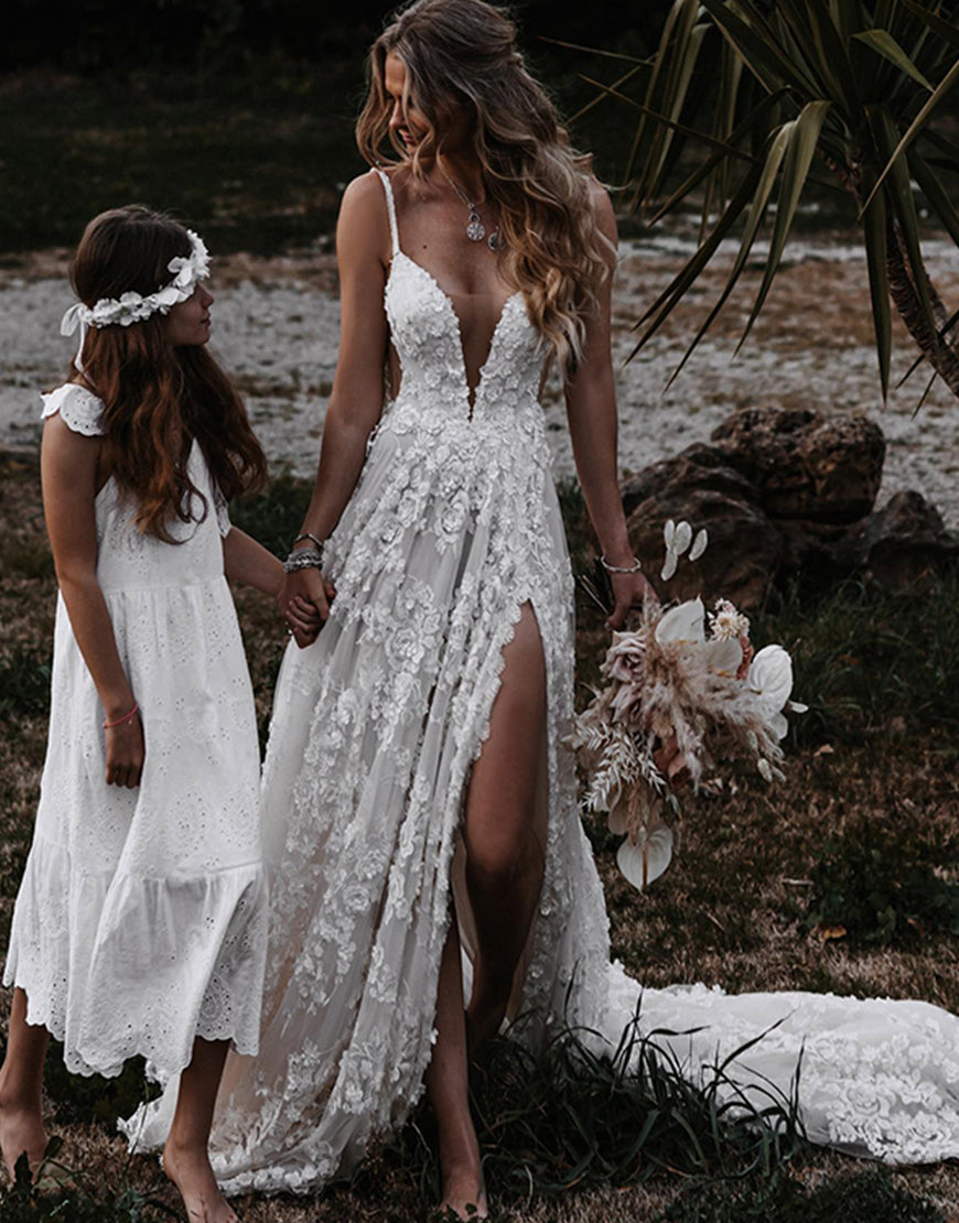 Dressself White A-Line Spaghetti Lace Beach Wedding Dress with Split Boho Long Bridal Gown Dressself White A-Line Spaghetti Lace Beach Wedding Dress with Split Boho Long Bridal Gown
