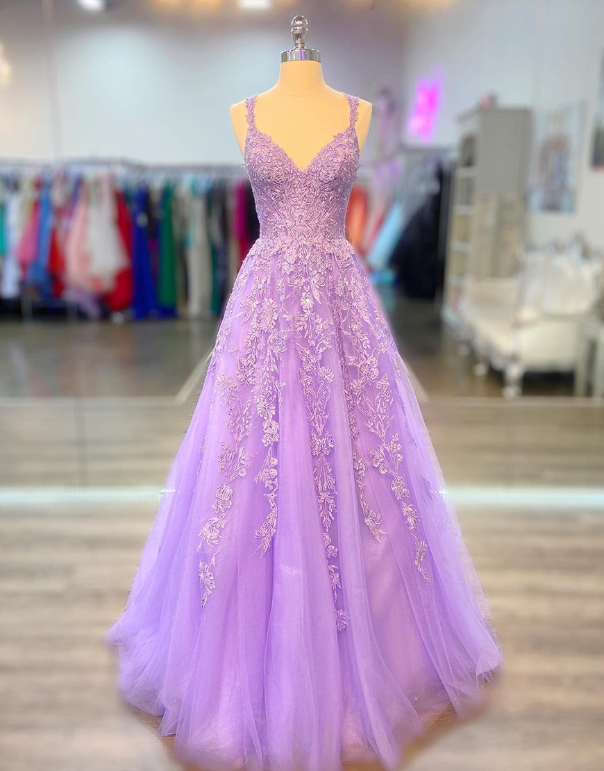 Dressself Lilac Appliques Long Prom Dress A-line V Back Formal Dress Dressself Lilac Appliques Long Prom Dress A-line V Back Formal Dress