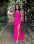 One Shoulder Pink Tight Prom Dress with Split
