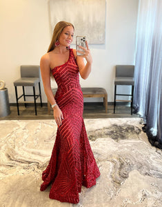 Mermaid Sequin Dark Red One Shoulder Prom Dress