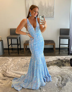 V-neck Sequin Long Mermaid Prom Dress
