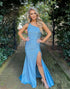 One Shoulder Blue Tight Prom Dress with Beading
