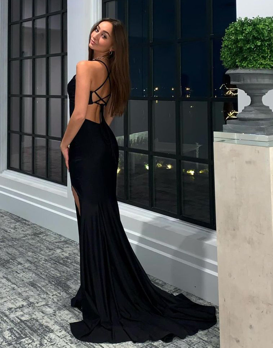 Dressself Mermaid Backless Black Prom Dress with Split Sexy Evening Derss Dressself Mermaid Backless Black Prom Dress with Split Sexy Evening Derss