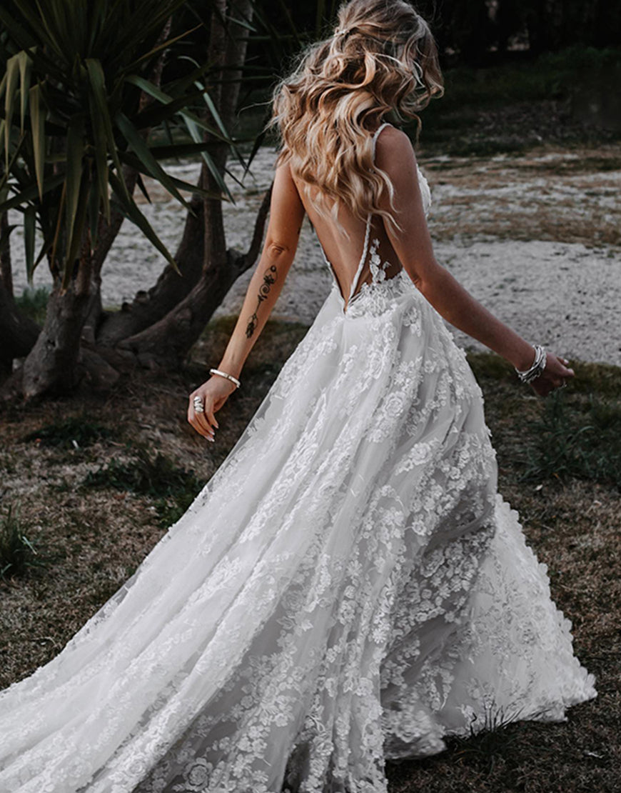 Dressself White A-Line Spaghetti Lace Beach Wedding Dress with Split Boho Long Bridal Gown Dressself White A-Line Spaghetti Lace Beach Wedding Dress with Split Boho Long Bridal Gown