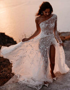 One Shoulder Beach Wedding Dress with Split