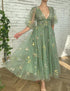 Green V-neck Floral Prom Dress
