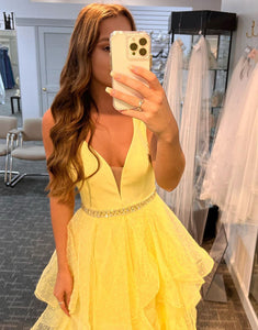 A-Line Tiered Ruffles Light Yellow Tulle Prom Dress