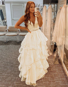 A-Line Tiered Ruffles Light Yellow Tulle Prom Dress