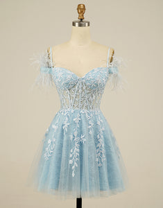 Off-the-Shoulder Light Blue Homecoming Dress with Feathers