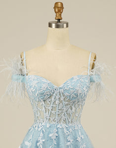 Off-the-Shoulder Light Blue Homecoming Dress with Feathers
