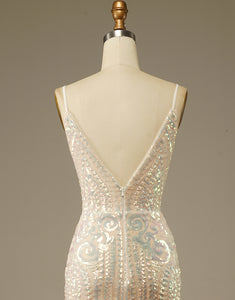 Glitter Mermaid Champagne V Neck Prom Dress