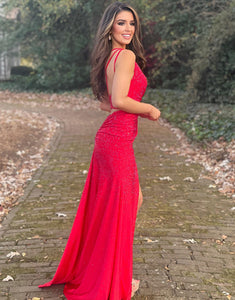 Red One Shoulder Prom Dress with Split