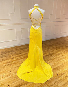 High Neck Mermaid Yellow Prom Dress with Split