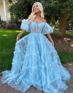 Tulle Blue Sweetheart Prom Dress with Sleeves