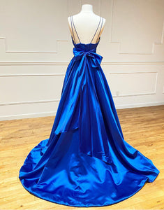 Royal Blue Satin Prom Dress with Bowknot