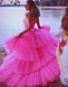 Pink Tiered Long High Low Prom Dress