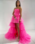 Pink A-Line Strapless Tiered Long High Low Prom Dress