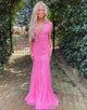 Sheath V-neck Long Pink Prom Dress with Appliques