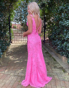 Sheath V-neck Long Pink Prom Dress with Appliques
