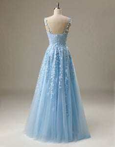 Light Blue Prom Dress Spaghetti Straps Long Evening Dress