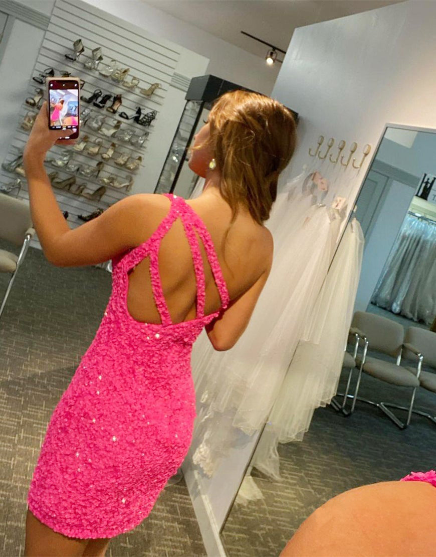 Glitter One-Shoulder Hot Pink Homecoming Dress With Sequins Dressself Glitter One-Shoulder Hot Pink Homecoming Dress With Sequins Dressself