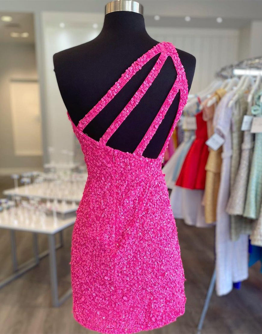 Glitter One-Shoulder Hot Pink Homecoming Dress With Sequins Dressself Glitter One-Shoulder Hot Pink Homecoming Dress With Sequins Dressself