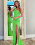 Green One Shoulder Open Back Sequin Prom Dress