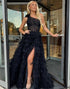 One Shoulder Tiered Black Prom Dress