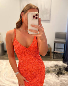 Sequin Long Orange Prom Dress with Split
