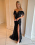 Off the Shoulder Sheath Prom Dress with Feather