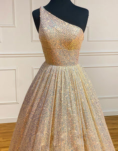 Champagne Glitter One Shoulder Prom Dress