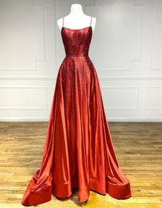 Satin Beaded Red Long Prom Dress