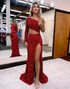 Red Split Sequin Prom Dress with Sleeves