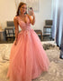 A-Line Deep V-neck Ball Gown Prom Dress with Appliques