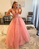 A-Line Deep V-neck Ball Gown Prom Dress with Appliques