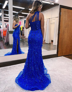 Royal Blue Split Prom Dress with Beading