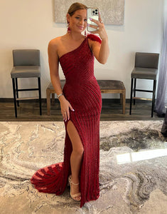 One Shoulder Beaded Slit Prom Dress with Feather