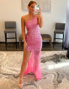 One Shoulder Pink Prom Dress with Sequins