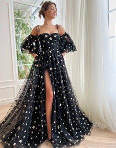 Side Slit Black Prom Dress with Stars