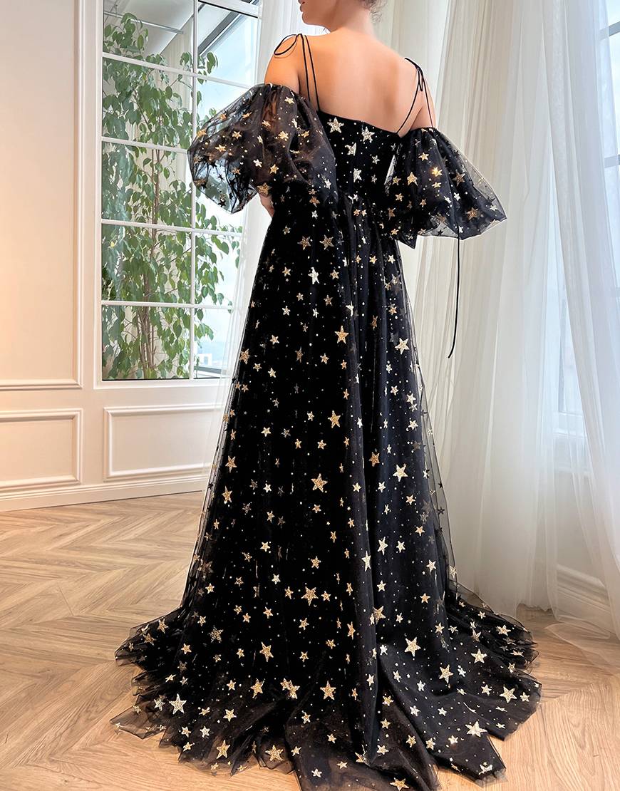 Dressself Side Slit Black Prom Dress with Stars Long Sleeves Graduation Dress Dressself Side Slit Black Prom Dress with Stars Long Sleeves Graduation Dress