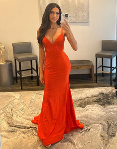 Orange Mermaid Long Prom Dress with Beading