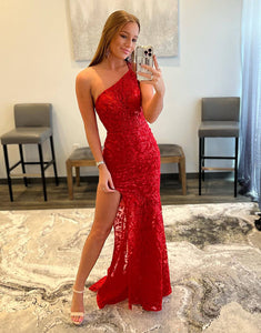 One Shoulder Side Slit Red Prom Dress