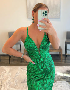 Green Sequin Mermaid Backless Prom Dress